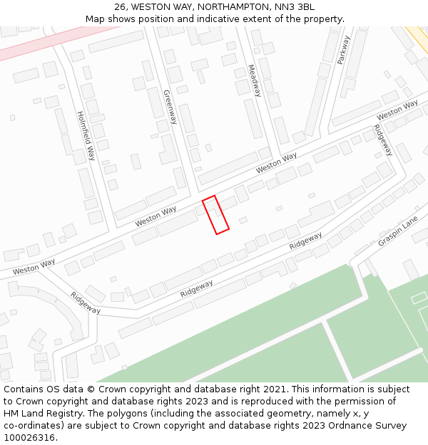 26, WESTON WAY, NORTHAMPTON, NN3 3BL: Location map and indicative extent of plot