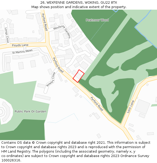 26, WEXFENNE GARDENS, WOKING, GU22 8TX: Location map and indicative extent of plot