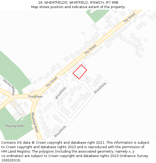 26, WHEATFIELDS, WHATFIELD, IPSWICH, IP7 6RB: Location map and indicative extent of plot