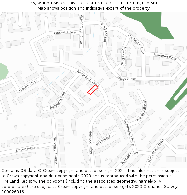 26, WHEATLANDS DRIVE, COUNTESTHORPE, LEICESTER, LE8 5RT: Location map and indicative extent of plot