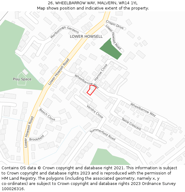 26, WHEELBARROW WAY, MALVERN, WR14 1YL: Location map and indicative extent of plot