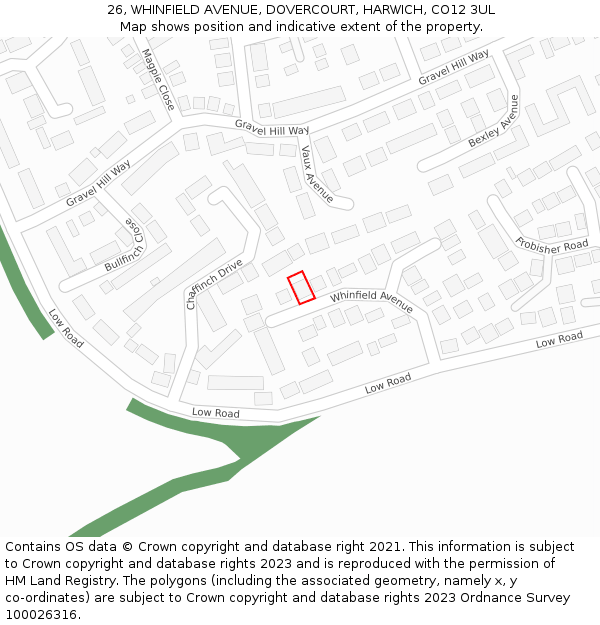 26, WHINFIELD AVENUE, DOVERCOURT, HARWICH, CO12 3UL: Location map and indicative extent of plot