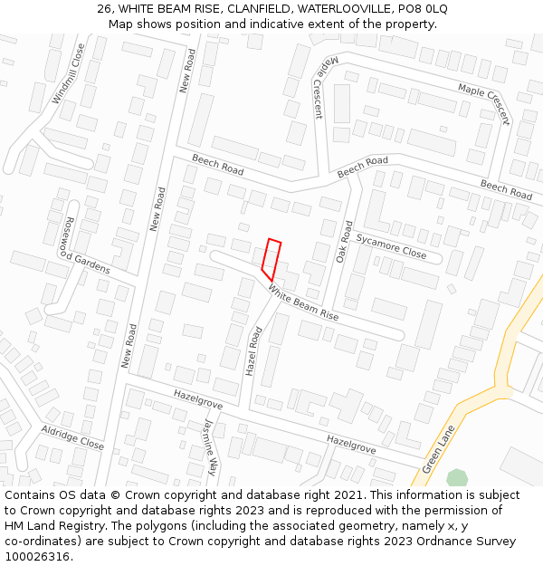 26, WHITE BEAM RISE, CLANFIELD, WATERLOOVILLE, PO8 0LQ: Location map and indicative extent of plot