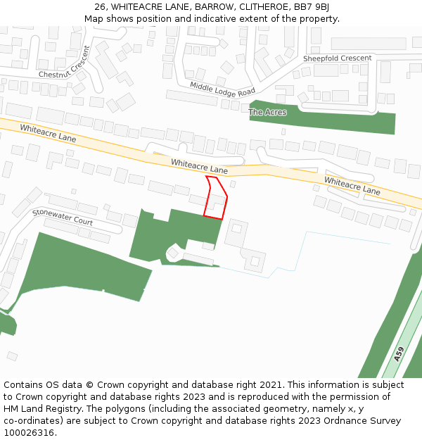 26, WHITEACRE LANE, BARROW, CLITHEROE, BB7 9BJ: Location map and indicative extent of plot