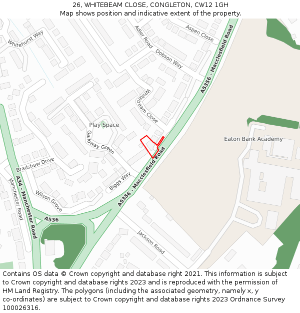 26, WHITEBEAM CLOSE, CONGLETON, CW12 1GH: Location map and indicative extent of plot