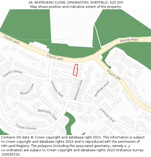 26, WHITEHEAD CLOSE, DINNINGTON, SHEFFIELD, S25 2XX: Location map and indicative extent of plot