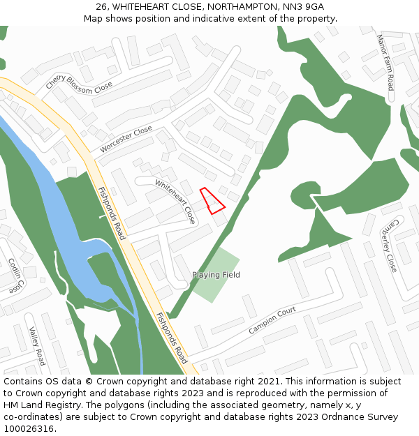 26, WHITEHEART CLOSE, NORTHAMPTON, NN3 9GA: Location map and indicative extent of plot