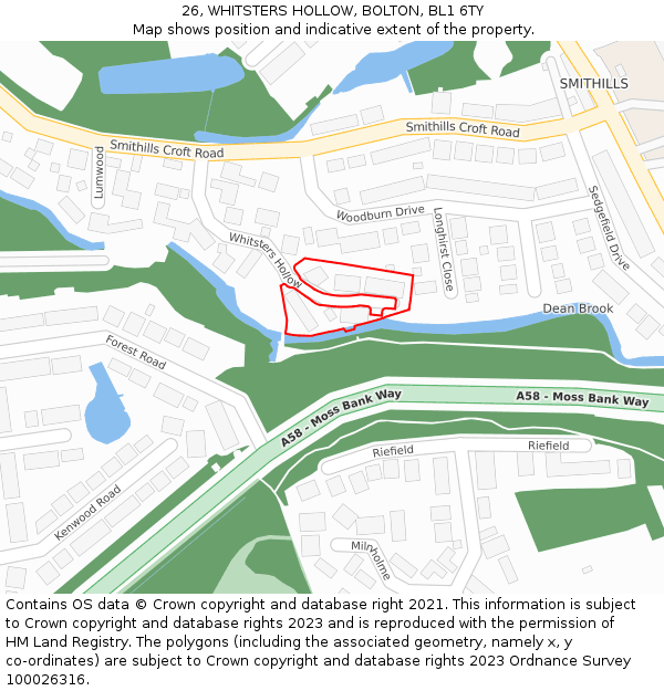 26, WHITSTERS HOLLOW, BOLTON, BL1 6TY: Location map and indicative extent of plot