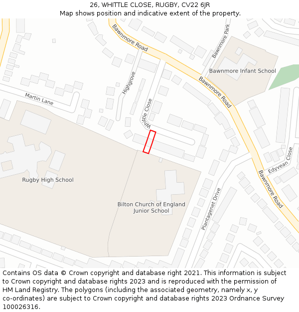 26, WHITTLE CLOSE, RUGBY, CV22 6JR: Location map and indicative extent of plot