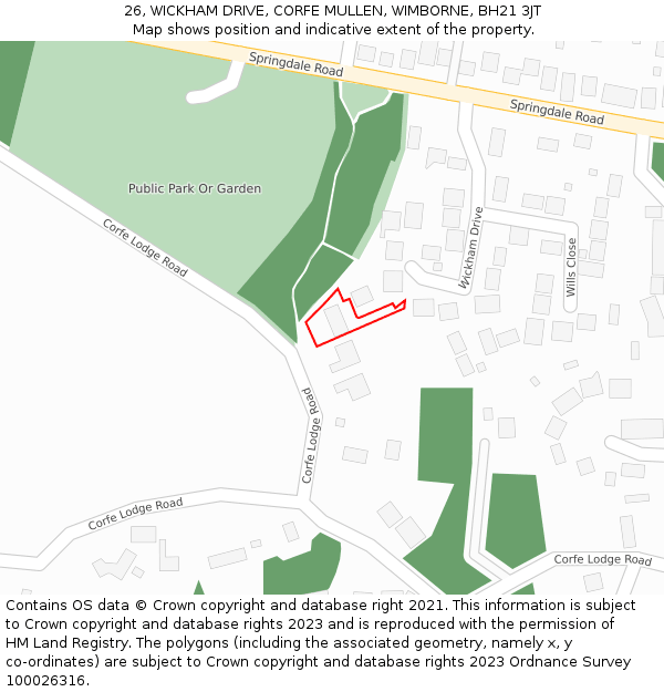26, WICKHAM DRIVE, CORFE MULLEN, WIMBORNE, BH21 3JT: Location map and indicative extent of plot