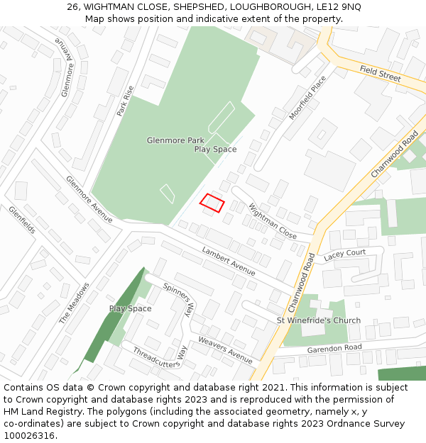 26, WIGHTMAN CLOSE, SHEPSHED, LOUGHBOROUGH, LE12 9NQ: Location map and indicative extent of plot