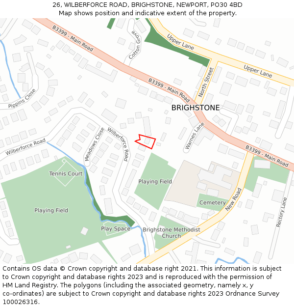 26, WILBERFORCE ROAD, BRIGHSTONE, NEWPORT, PO30 4BD: Location map and indicative extent of plot