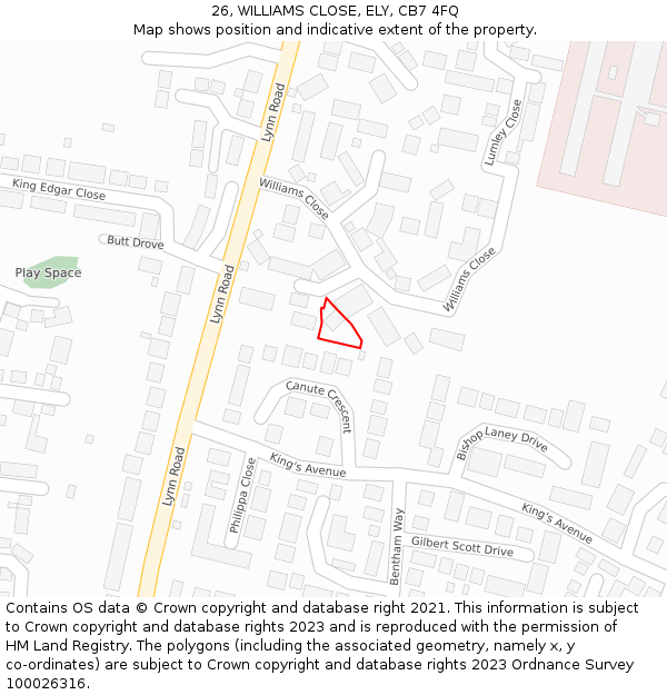 26, WILLIAMS CLOSE, ELY, CB7 4FQ: Location map and indicative extent of plot