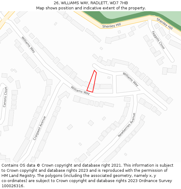 26, WILLIAMS WAY, RADLETT, WD7 7HB: Location map and indicative extent of plot