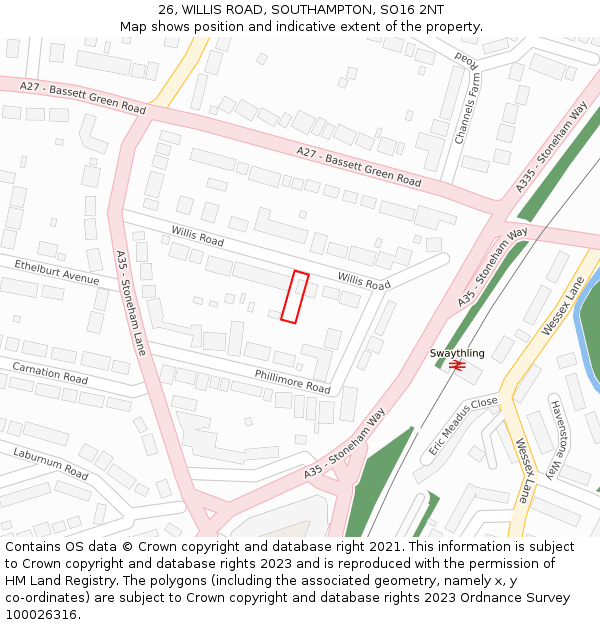 26, WILLIS ROAD, SOUTHAMPTON, SO16 2NT: Location map and indicative extent of plot