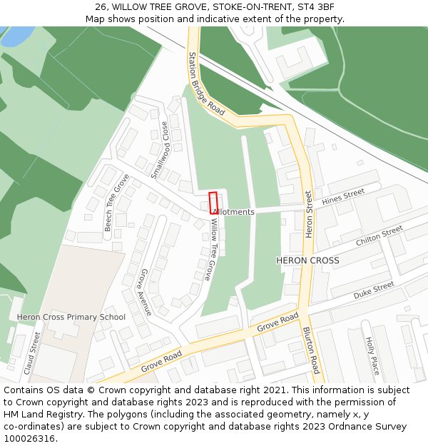 26, WILLOW TREE GROVE, STOKE-ON-TRENT, ST4 3BF: Location map and indicative extent of plot