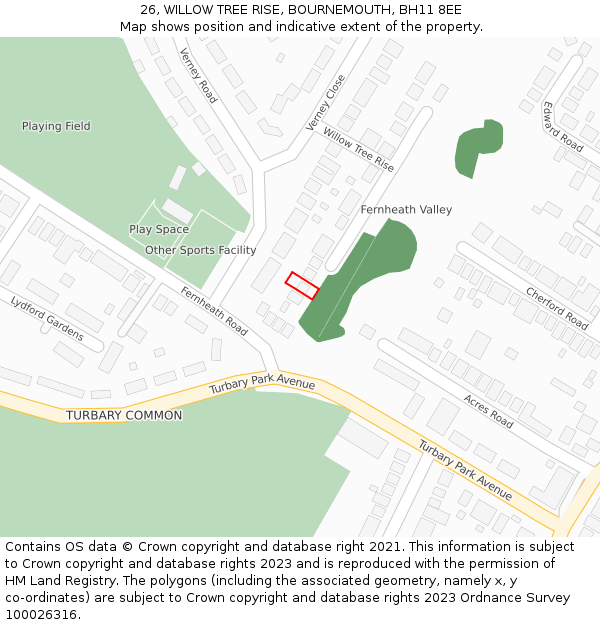 26, WILLOW TREE RISE, BOURNEMOUTH, BH11 8EE: Location map and indicative extent of plot