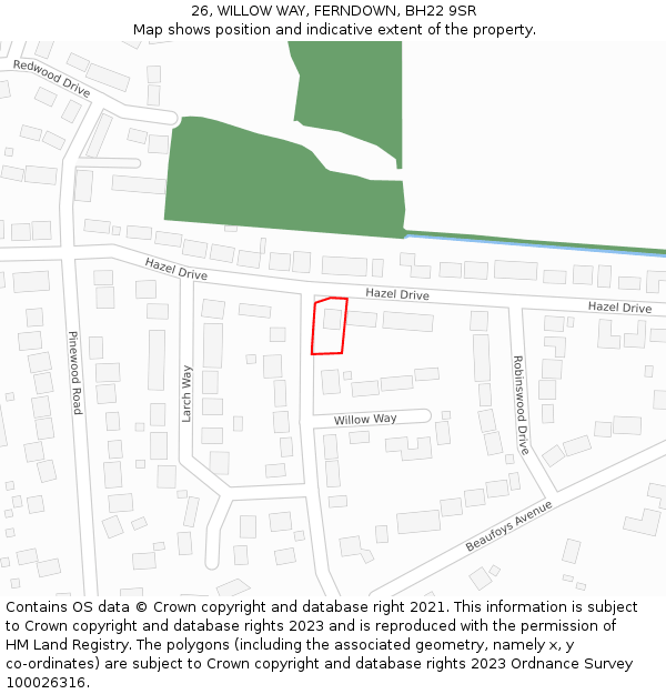 26, WILLOW WAY, FERNDOWN, BH22 9SR: Location map and indicative extent of plot