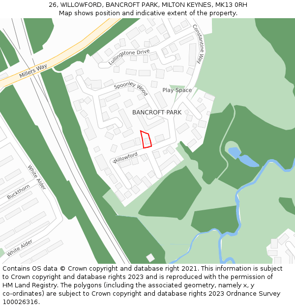 26, WILLOWFORD, BANCROFT PARK, MILTON KEYNES, MK13 0RH: Location map and indicative extent of plot