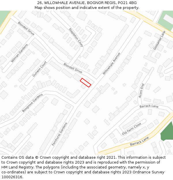 26, WILLOWHALE AVENUE, BOGNOR REGIS, PO21 4BG: Location map and indicative extent of plot