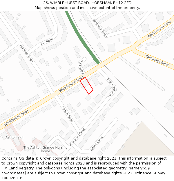 26, WIMBLEHURST ROAD, HORSHAM, RH12 2ED: Location map and indicative extent of plot