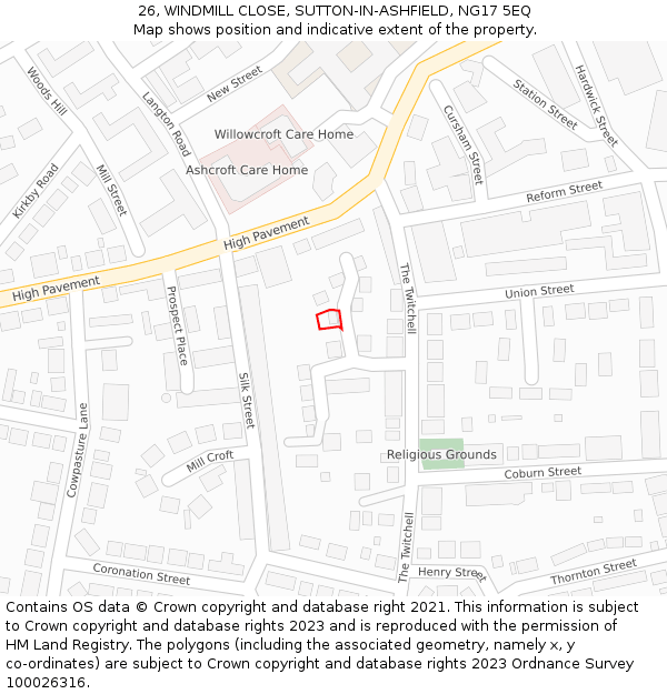 26, WINDMILL CLOSE, SUTTON-IN-ASHFIELD, NG17 5EQ: Location map and indicative extent of plot