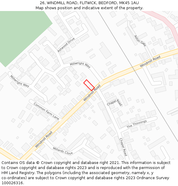 26, WINDMILL ROAD, FLITWICK, BEDFORD, MK45 1AU: Location map and indicative extent of plot