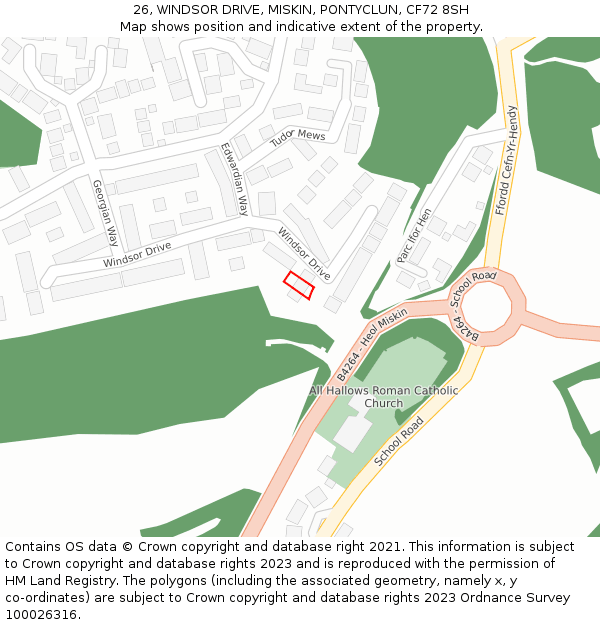 26, WINDSOR DRIVE, MISKIN, PONTYCLUN, CF72 8SH: Location map and indicative extent of plot
