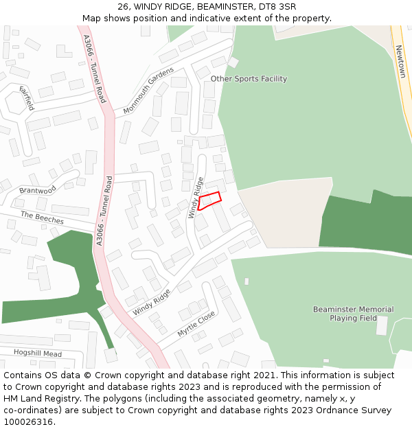 26, WINDY RIDGE, BEAMINSTER, DT8 3SR: Location map and indicative extent of plot