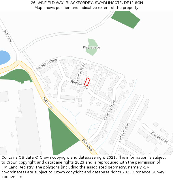 26, WINFIELD WAY, BLACKFORDBY, SWADLINCOTE, DE11 8GN: Location map and indicative extent of plot