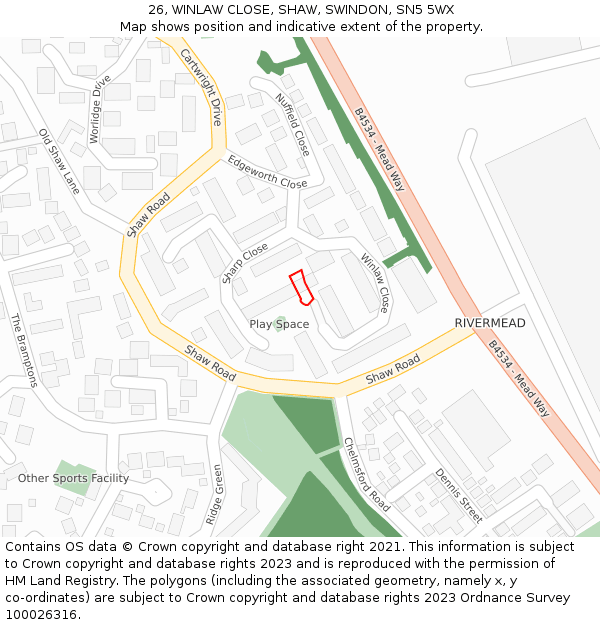 26, WINLAW CLOSE, SHAW, SWINDON, SN5 5WX: Location map and indicative extent of plot