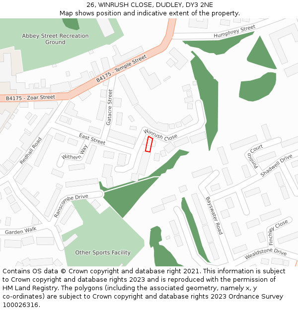 26, WINRUSH CLOSE, DUDLEY, DY3 2NE: Location map and indicative extent of plot