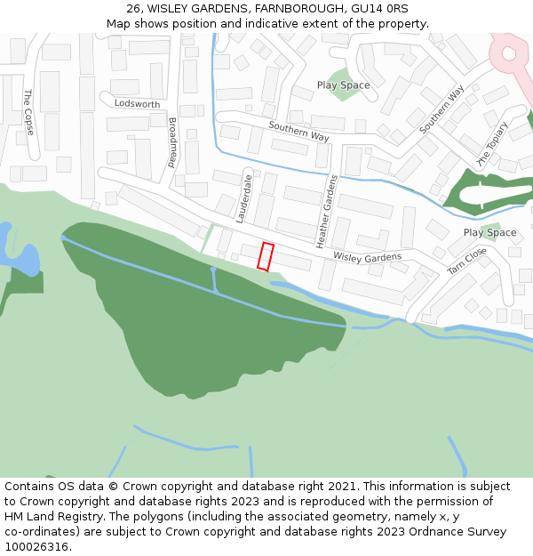 26, WISLEY GARDENS, FARNBOROUGH, GU14 0RS: Location map and indicative extent of plot