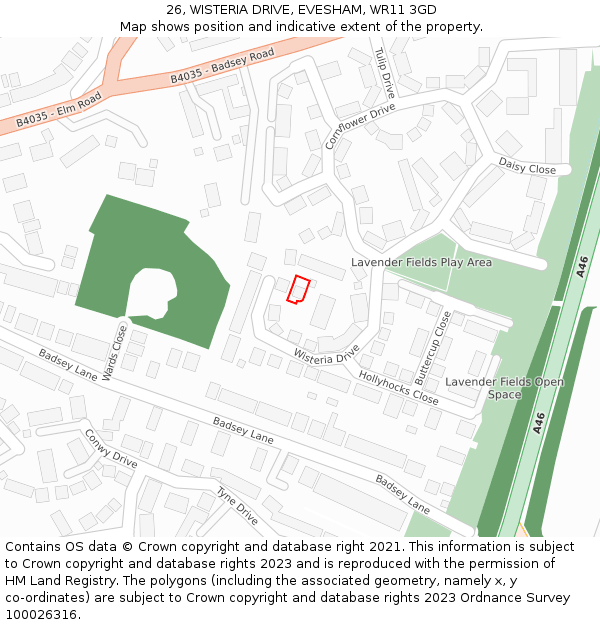 26, WISTERIA DRIVE, EVESHAM, WR11 3GD: Location map and indicative extent of plot