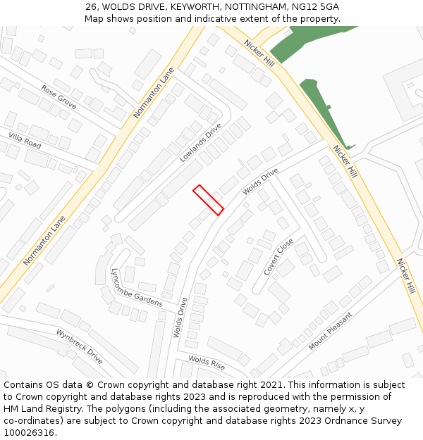 26, WOLDS DRIVE, KEYWORTH, NOTTINGHAM, NG12 5GA: Location map and indicative extent of plot
