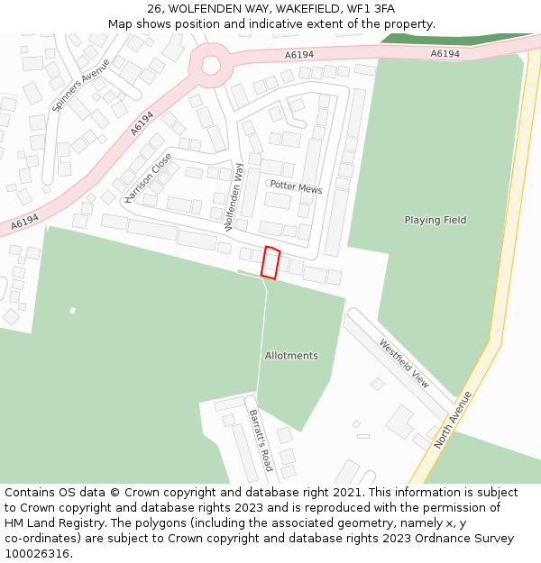 26, WOLFENDEN WAY, WAKEFIELD, WF1 3FA: Location map and indicative extent of plot