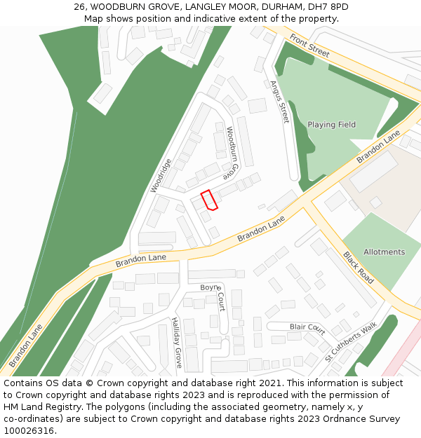 26, WOODBURN GROVE, LANGLEY MOOR, DURHAM, DH7 8PD: Location map and indicative extent of plot