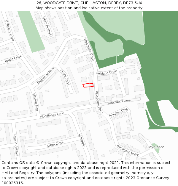 26, WOODGATE DRIVE, CHELLASTON, DERBY, DE73 6UX: Location map and indicative extent of plot