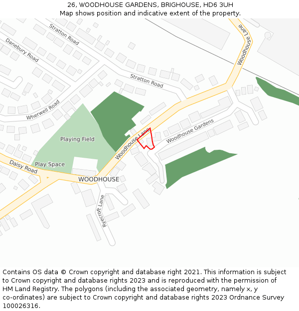 26, WOODHOUSE GARDENS, BRIGHOUSE, HD6 3UH: Location map and indicative extent of plot