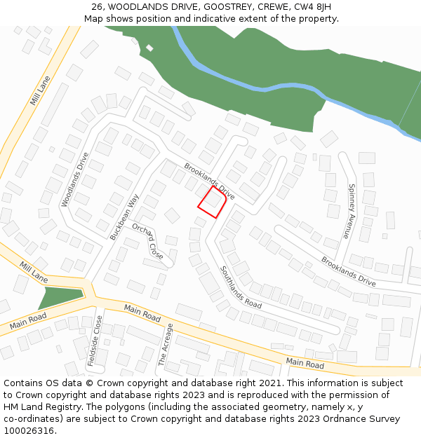 26, WOODLANDS DRIVE, GOOSTREY, CREWE, CW4 8JH: Location map and indicative extent of plot