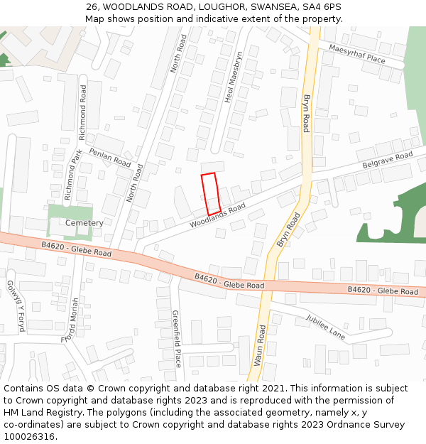 26, WOODLANDS ROAD, LOUGHOR, SWANSEA, SA4 6PS: Location map and indicative extent of plot