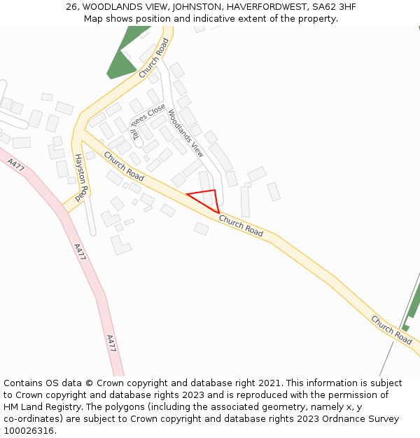 26, WOODLANDS VIEW, JOHNSTON, HAVERFORDWEST, SA62 3HF: Location map and indicative extent of plot