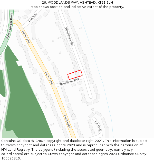 26, WOODLANDS WAY, ASHTEAD, KT21 1LH: Location map and indicative extent of plot