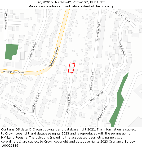 26, WOODLINKEN WAY, VERWOOD, BH31 6BT: Location map and indicative extent of plot