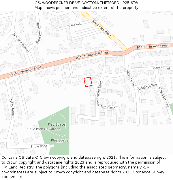 26, WOODPECKER DRIVE, WATTON, THETFORD, IP25 6TW: Location map and indicative extent of plot