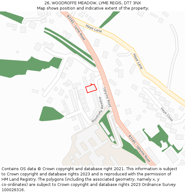 26, WOODROFFE MEADOW, LYME REGIS, DT7 3NX: Location map and indicative extent of plot