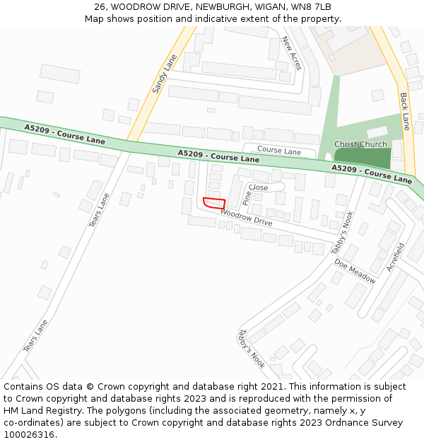 26, WOODROW DRIVE, NEWBURGH, WIGAN, WN8 7LB: Location map and indicative extent of plot