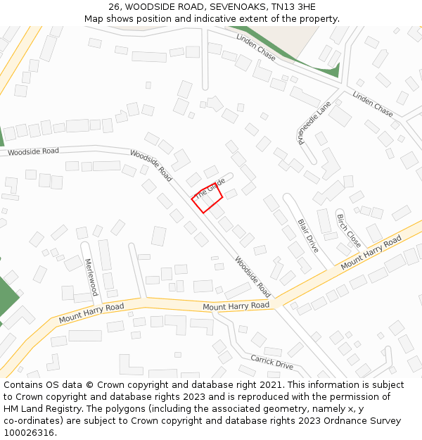 26, WOODSIDE ROAD, SEVENOAKS, TN13 3HE: Location map and indicative extent of plot