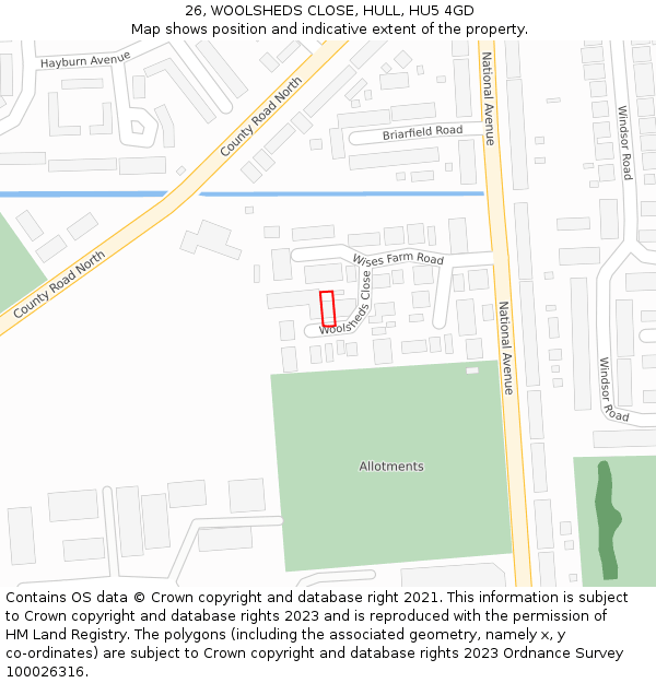 26, WOOLSHEDS CLOSE, HULL, HU5 4GD: Location map and indicative extent of plot