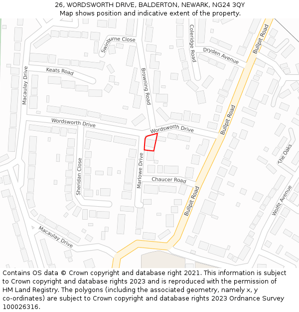 26, WORDSWORTH DRIVE, BALDERTON, NEWARK, NG24 3QY: Location map and indicative extent of plot